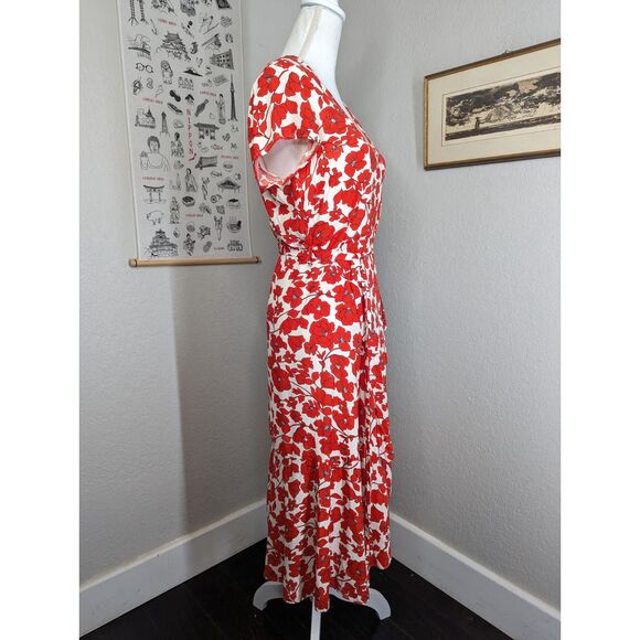 BARDOT Fiesta Red Floral Faux Wrap Tie Waist Asymmetrical Midi Dress Size US 8 - Picture 7 of 15